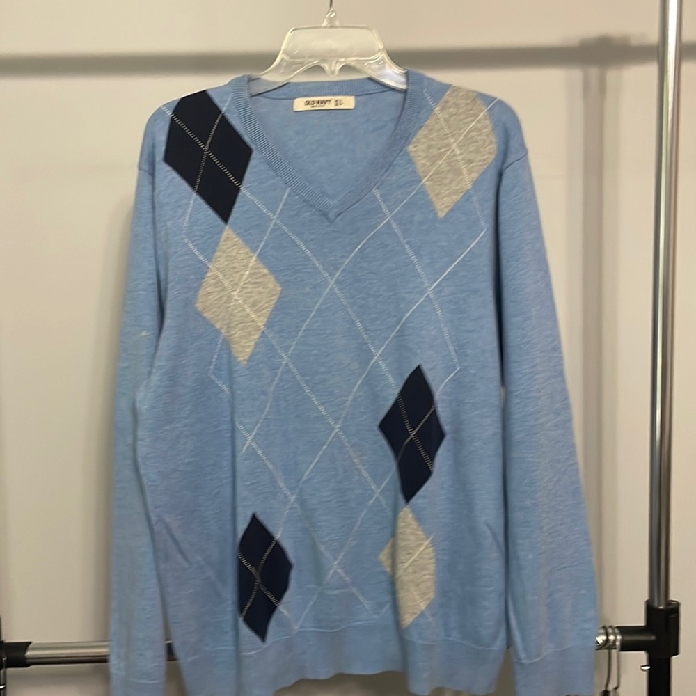 Old Navy Mens v-neck sweater EUC size L blue argyle 100% cotton